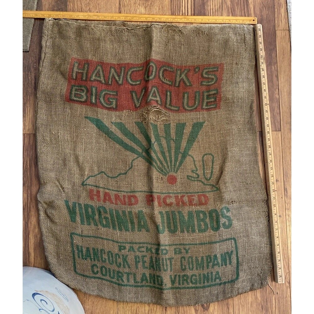 Vintage Burlap Potato Sack HANCOCKS BIG VALUE VIRGINIA JUMBOS PEANUS